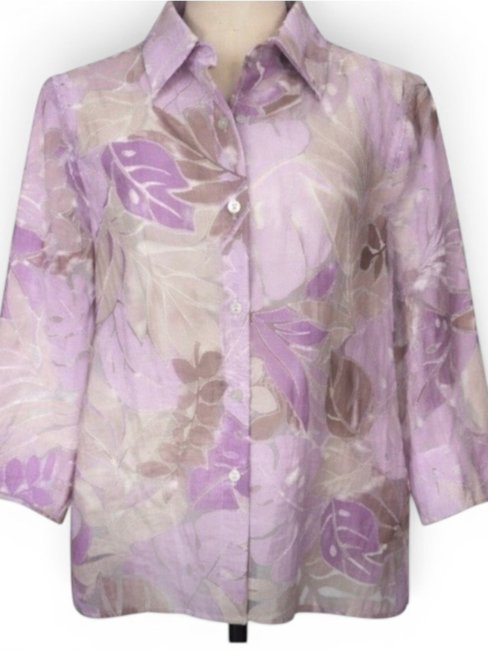 Alfred Dunner Purple Tropical Print Button Front Blouse 10P Classic Vacation Top